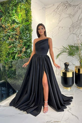 Simple Long Red A-line One Shoulder Sleeveless Satin Prom Dresses With Slit